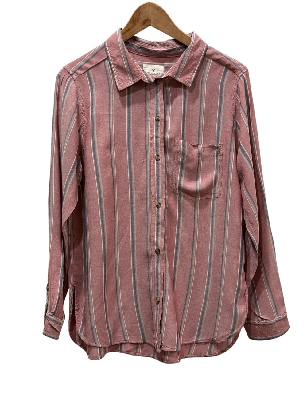 American Eagle Outfitters Dusty Pink Striped Oversized Viscose Button-Down Shirt